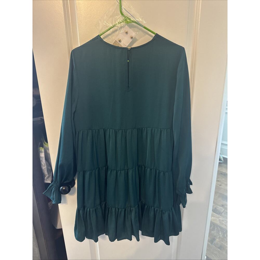 Women’s Glam Emerald Green Tiered Dress Ruffled Gold Long Sleeve Size Large